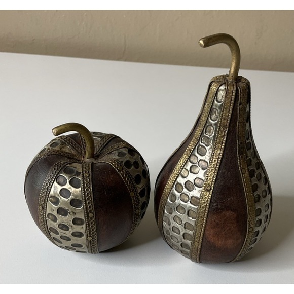 Vintage Charles Marcak Turned Wooden Apple & Pear Ornate Metal 5.25" x 3" - Picture 2 of 5